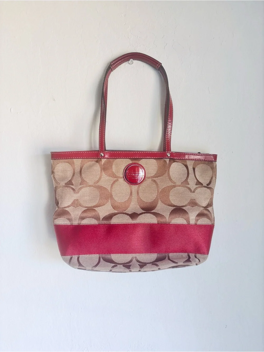 Coach Signature Canvas Tote Tan with Cranberry Red Trim